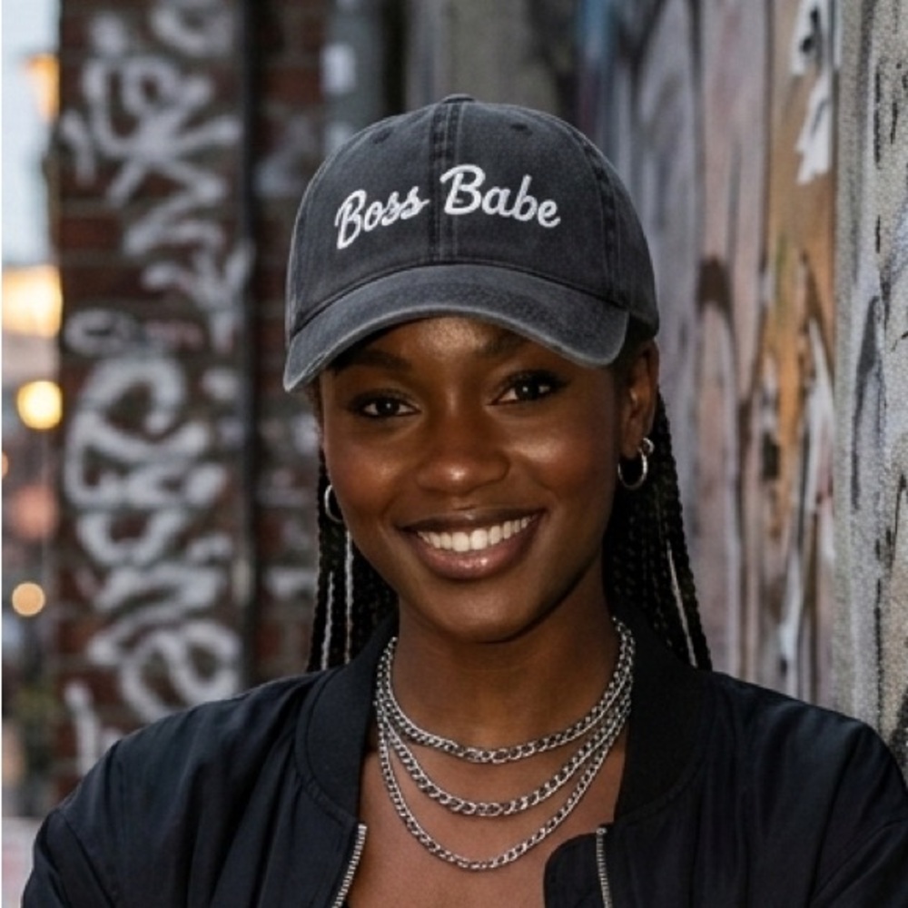 Boss Babe Embroidered Baseball Cap Charcoal Grey Distressed Hat Gold Buckle NWT
